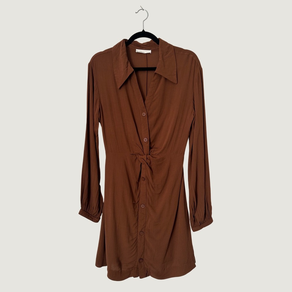 Oak + Fort Button Front Mini Dress Womens Small Brown Twist Front Long Sleeve